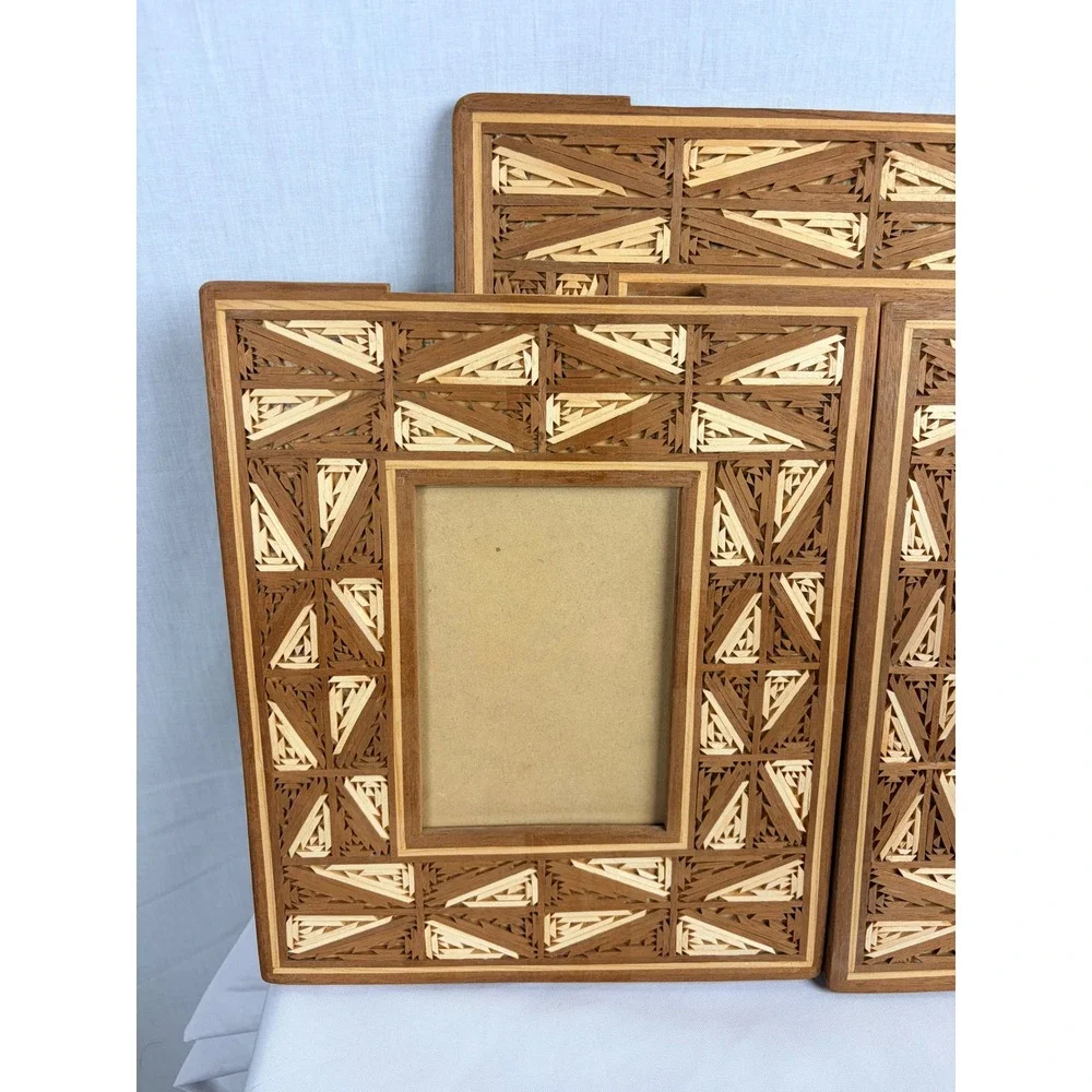 Set of 3 Vintage Straw Marquetry Wood Picture Frames Geometric Boho Home Decor